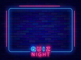 Quiz night neon flyer. Trivia time. Blue striped frame. Funny competition. Game event. Vector stock illustration
