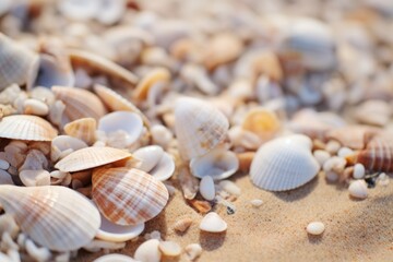 Seashells shells laying on white sand sea beach tropical sanded seashore sandy seacoast backdrop beauty calm tranquil ocean seaside environment summer day vacation travel exotic aqua island background