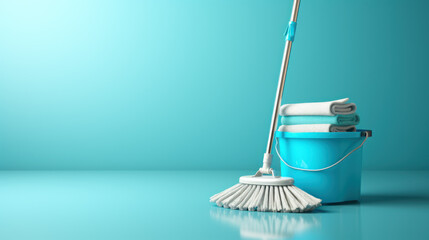 Cleaning mop and blue bucket on fresh blue background. - obrazy, fototapety, plakaty