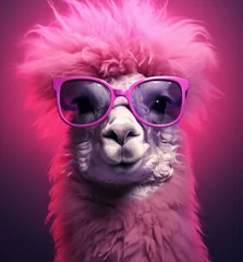 Deurstickers A portrait of an anthropomorphic llama with furry fur and bright pink sunglasses that captures the joy of life and celebrates its unique and wild spirit © Glittering Humanity