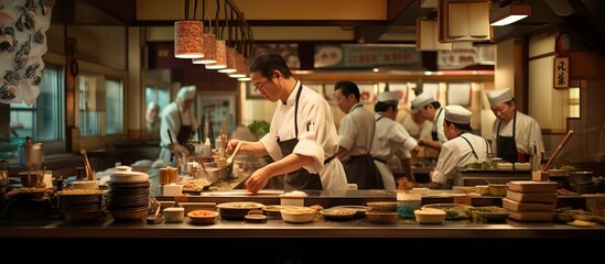Fototapeta premium Busy Japanese restaurant staff in motion. Banner