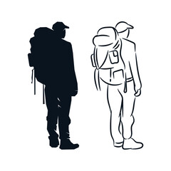 Man with backpack standing silhouette and hand drawn line art. Hiking, camping, adventure, outdoor trekking vector illustration