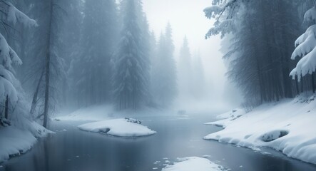 A frozen river in the midst of a winter forest - obrazy, fototapety, plakaty