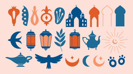 Fototapeta na wymiar Set of islamic, muslim clip arts with minimalistic illustrations of mosque, lamp, teapot, bird, moon, star, leaf, flower, berry. Modern, abstract elements for sticker, banner, card, cover.