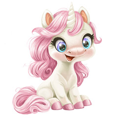Cute cartoon baby Unicorn with pink mane sit on hind hooves