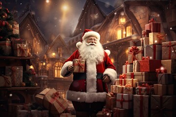 Santa Claus in the warehouse of his factory and keeps a record of gifts. Warehouse of gifts of Santa Claus. Accounting and distribution Christmas gifts for all children on the planet.