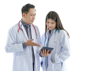 Fototapeta premium Medicine and healthcare concept : serious senior asian doctors and Female doctor standing on white background.