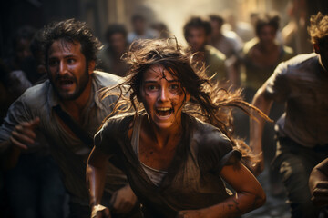 Fototapeta premium Frightened people running from earthquake with an expression of nightmare and horror on their face, demolished houses wall background. AI Generative