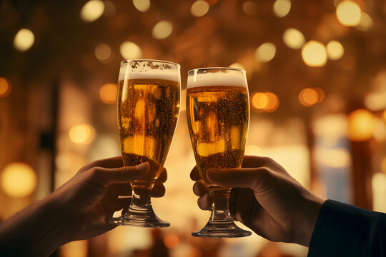 leisure, drinks, celebration, people and holidays concept. Close up view of a two glass of beer in hand