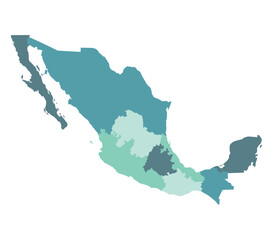 Map of Mexico with administrative regions in blue. Mexican map regions.