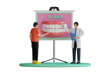 Dentists demonstrating patient jaw x-ray  3d Illustration