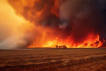 Fototapeta premium Dramatic wildfire tearing through an agricultural field, the fiery horizon and smoke against the dark red sky