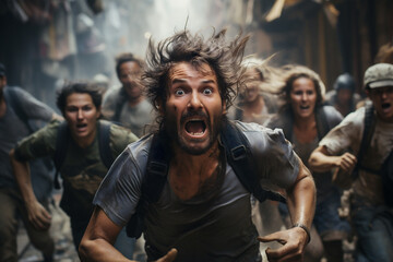 Frightened people running from earthquake with an expression of nightmare and horror on their face, demolished houses wall background. AI Generative