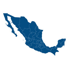Naklejka premium Map of Mexico with administrative regions in blue. Mexican map regions.