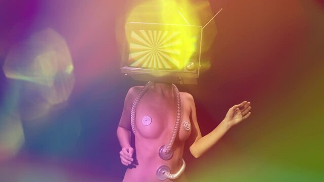 silver painted woman with TV head