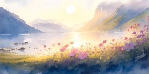 Obraz na płótnie Canvas Beautiful Norway fjord landdscape. Watercolor style. AI generated illustration