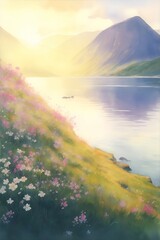 Beautiful Norway fjord landdscape. Watercolor style. AI generated illustration