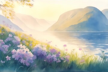 Fototapeta na wymiar Beautiful Norway fjord landdscape. Watercolor style. AI generated illustration