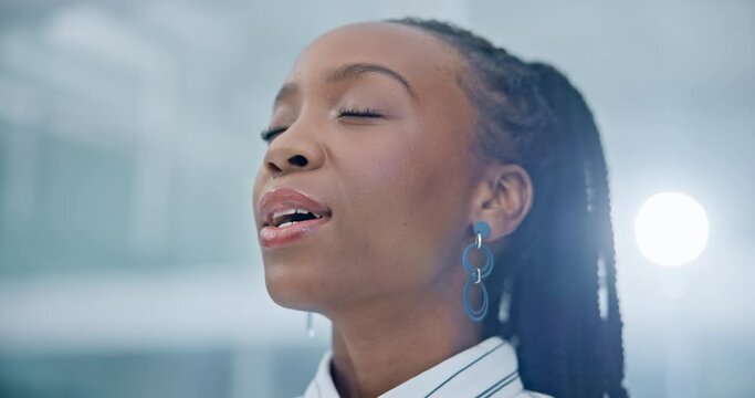 Relax, breathing and peace with business black woman in office for calm, anxiety and relief. Happy, mental health and fatigue with face of tired employee for satisfaction, frustrated and exhausted