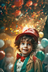 Cheerful 4-5 years old boy beaming with joy against softly-focused, children party-themed background