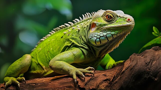 Brachylophus Fasciatus, The Lau Banded Iguana Inside its Green Terrarium in Lodz, Poland Zoo. Captivating Exotic Animal Photo