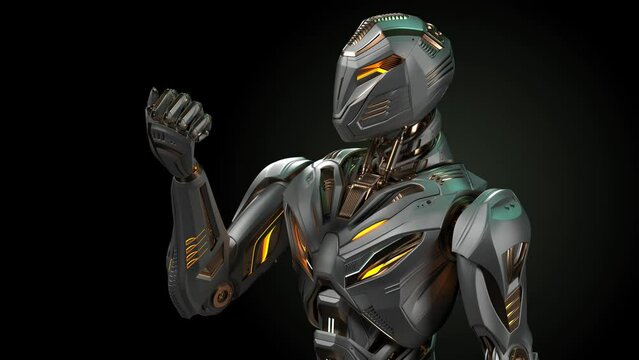 Detailed futuristic robot or humanoid cyborg looking at his arm. Upper body isolated on black background with alpha. 3d rendering animation