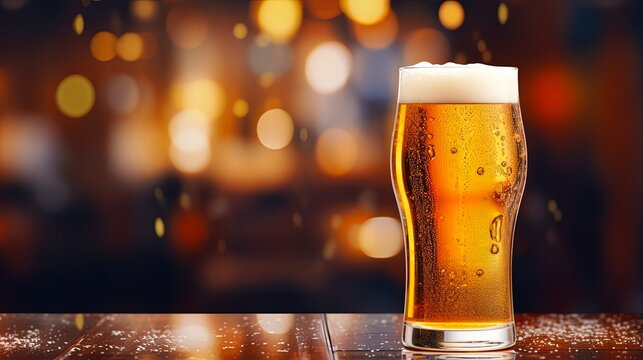 Cold Glass of Beer on Bokeh Background in a Pub. Crisp Gold Liquid with Foamy Froth and Bubbles in a Classic Beer Glass