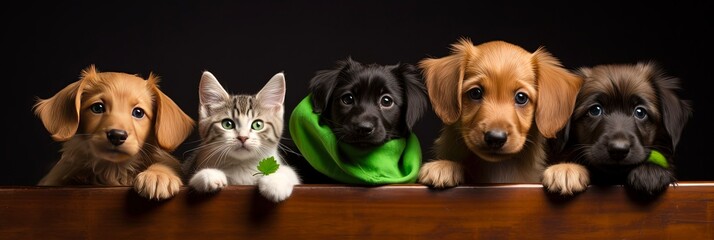 St Patrick's Day Pets Over a Banner: Dogs and Cats Celebrating with Festive Green Hats and Bow Ties