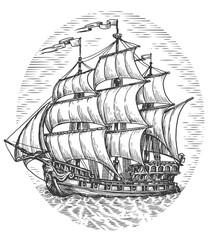 Ship with sails, illustration. Vintage sailboat at sea, sketch in engraving style