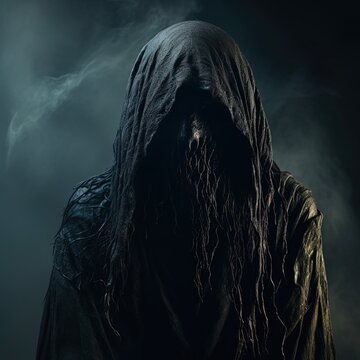 Male Dementor in the Dark. A Horror Portrait of a Human wearing Evil Costume in the Night, giving Deathly Fear
