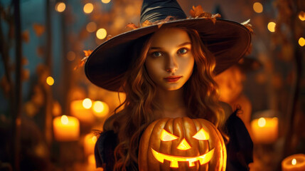 Portrait of a teenage girl in a witch's hat and holding a Halloween pumpkin, posing against a backdrop of vivid bokeh lights