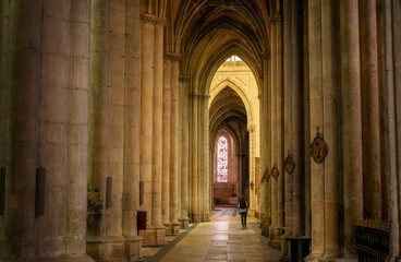Fototapeta premium Wide view of the religious Saint Gatien Cathedral in Tours city, with tall columns carved in medieval style in France