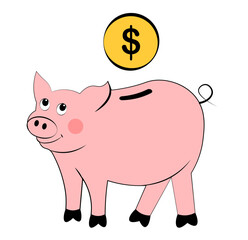 Piggy bank and money. Doodle style vector illustration