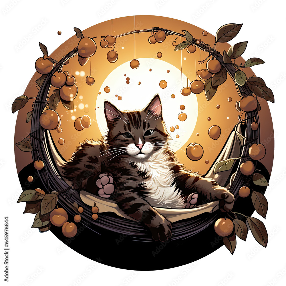 Fototapete A tranquil coffee cat t-shirt design capturing a cat napping on a coffee bean hammock under the soft glow of a full moon, Generative Ai