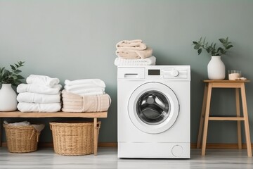 Domestic room interior with modern washing machine and laundry baskets. generative ai. - obrazy, fototapety, plakaty