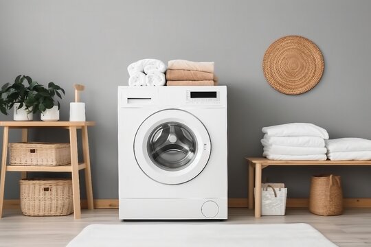 Domestic room interior with modern washing machine and laundry baskets. generative ai.