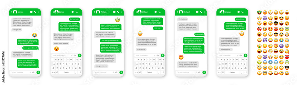 Fototapete smartphone messaging app, user interface design with emoji. sms text frame. chat screen with green m