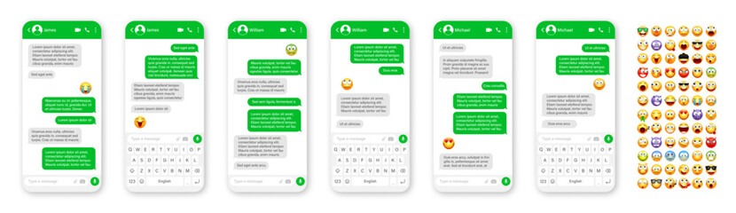 Smartphone messaging app, user interface design with emoji. SMS text frame. Chat screen with green message bubbles. Texting app for communication. Social media application. Vector illustration