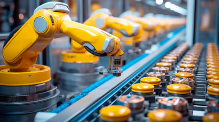 Fototapeta premium Yellow industrial robot arm at production line at modern bright factory