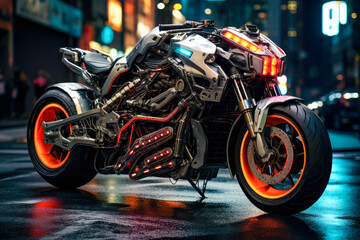 An electrified futuristic motorcycle parked on a city center