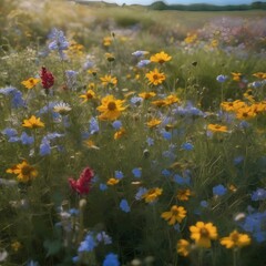 Fototapeta na wymiar A field of wildflowers swaying in the breeze under a bright blue sky1
