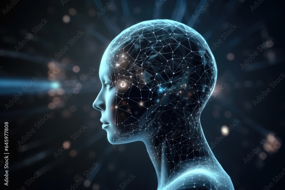 Poster virtual portrait of a human with a neural network with copy space, technology concept, virtual intel