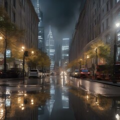 A dynamic cityscape with reflections in puddles after a rainstorm4