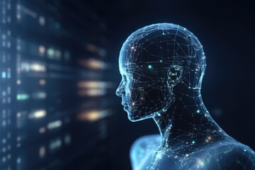 Virtual portrait of a human with a neural network with copy space, technology concept, virtual intelligence concept