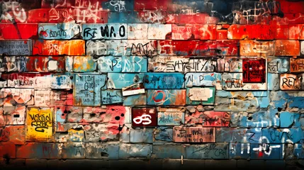 Photo sur Plexiglas Graffiti Graffiti-covered brick wall with urban motifs