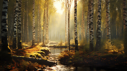 Forest scene of a river running through a birch forest
