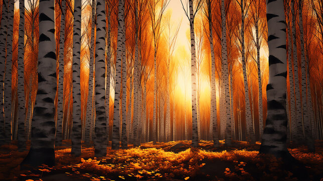 Autumn forest scene with birch trees