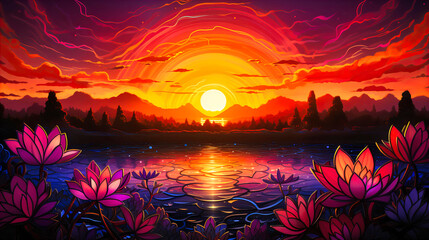 Intricate mandala patterns on a sunset backdrop