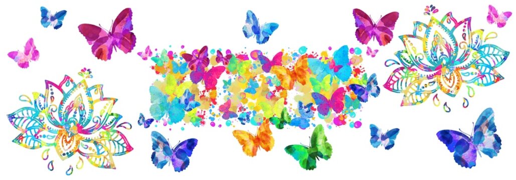 Lotus flowers with butterflies. Watercolour horizontally illustration. Wedding, Easter, Holiday, baby shower, Valentines day template. 