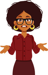 Woman Raising her Shoulders Feeling Confused and Stressed Vector Cartoon. Puzzled lady having a strange reaction 
